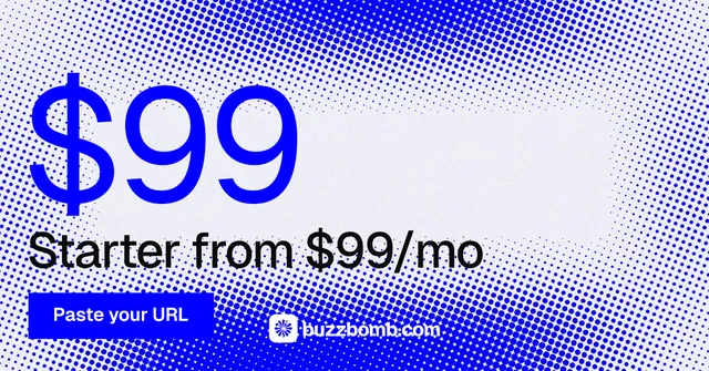 Social ad for BuzzBomb: "Get a marketing team." Swiss style, stat layout, light palette in blue, white.