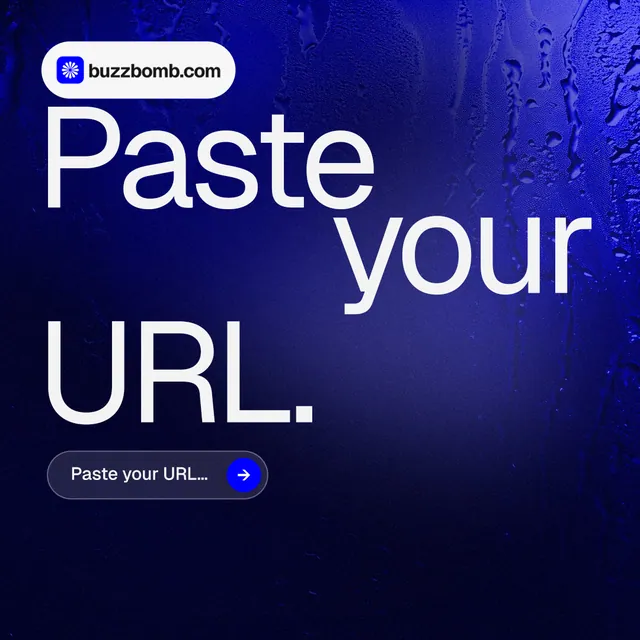 Instagram post for BuzzBomb: "Paste your URL." Agentic glass style, stacked layout, dark palette in black, blue.