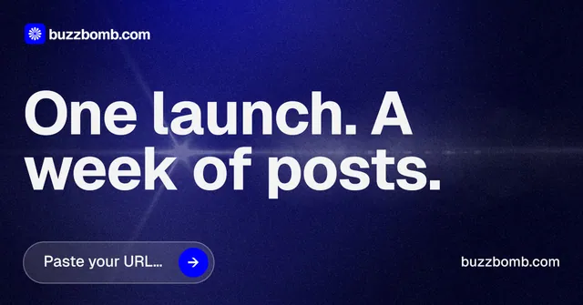 Social ad for BuzzBomb: "One launch. A week of posts." Agentic glass style, poster layout, dark palette in black, blue, grey.