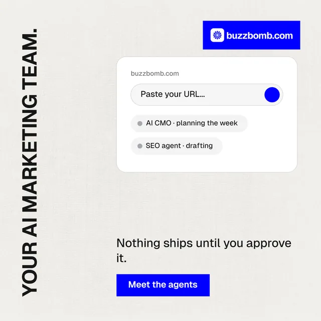 Instagram post for BuzzBomb: "Your AI marketing team." Swiss style, vertical layout, light palette in white, blue.