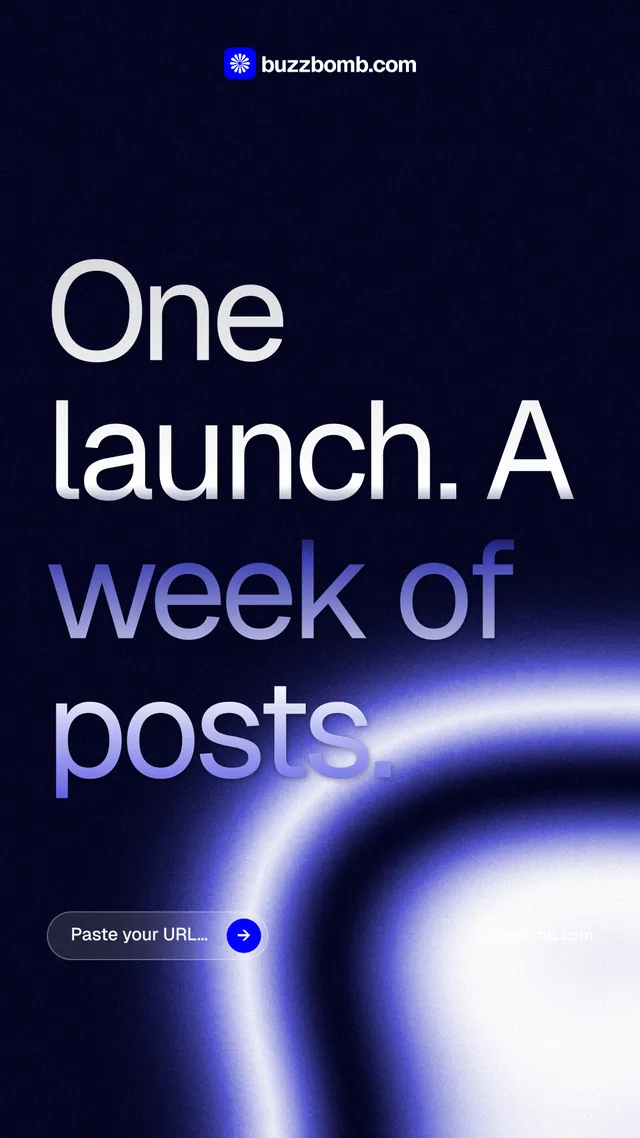 Instagram story for BuzzBomb: "One launch. A week of posts." Agentic glass style, poster layout, dark palette in black, blue.