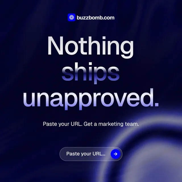 Instagram post for BuzzBomb: "Nothing ships unapproved." Agentic glass style, centred layout, dark palette in black, blue.