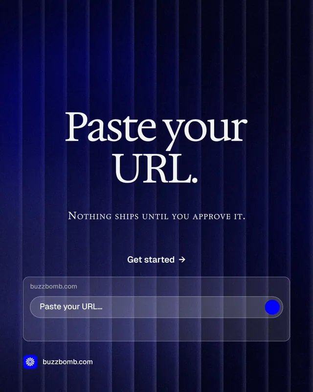 Instagram portrait post for BuzzBomb: "Paste your URL." Agentic glass style, smallcaps layout, dark palette in black, blue.