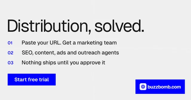 Social ad for BuzzBomb: "Distribution, solved." Swiss style, numbered layout, light palette in white, blue.