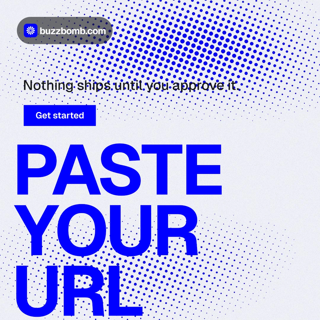Instagram post for BuzzBomb: "Paste your URL." Swiss style, oversized layout, light palette in blue, white.