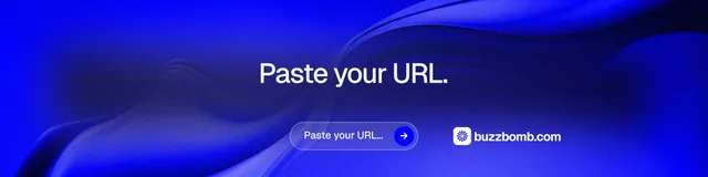 LinkedIn banner for BuzzBomb: "Paste your URL." Agentic glass style, centred layout, dark palette in blue.