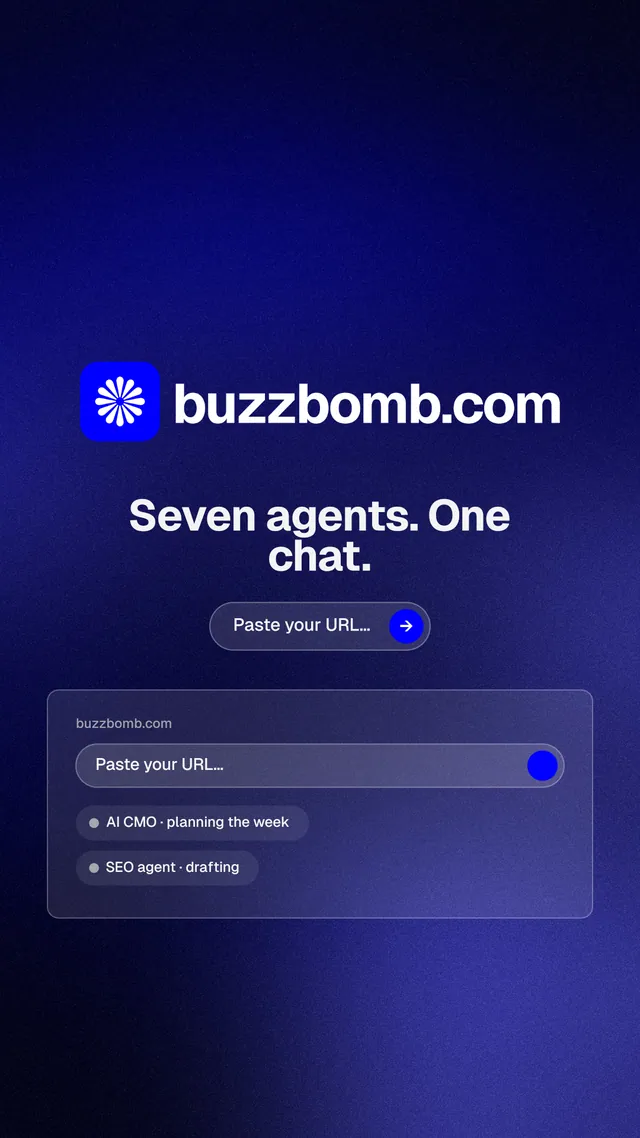 Instagram story for BuzzBomb: "Seven agents. One chat." Agentic glass style, logo hero layout, dark palette in blue, black.