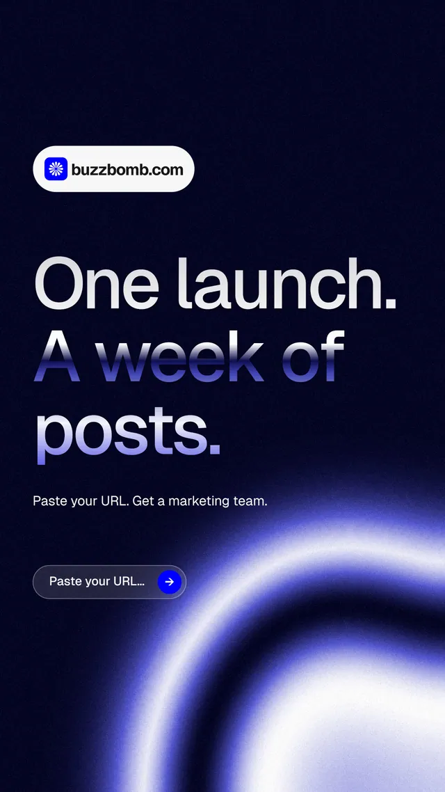Instagram story for BuzzBomb: "One launch. A week of posts." Agentic glass style, announce layout, dark palette in black, blue.