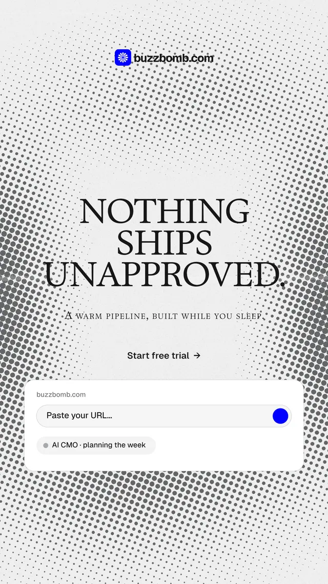 Instagram story for BuzzBomb: "Nothing ships unapproved." Swiss style, smallcaps layout, light palette in white, grey.