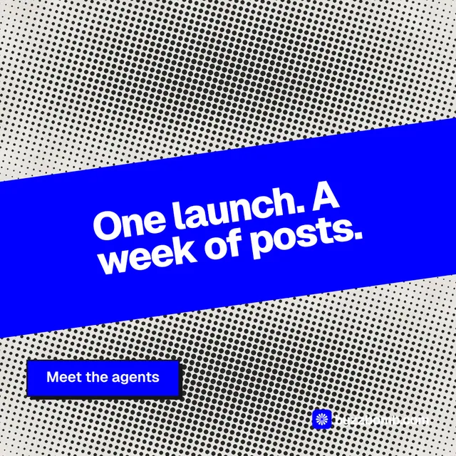 Instagram post for BuzzBomb: "One launch. A week of posts." Brutalist style, diagonal layout, light palette in grey, blue.