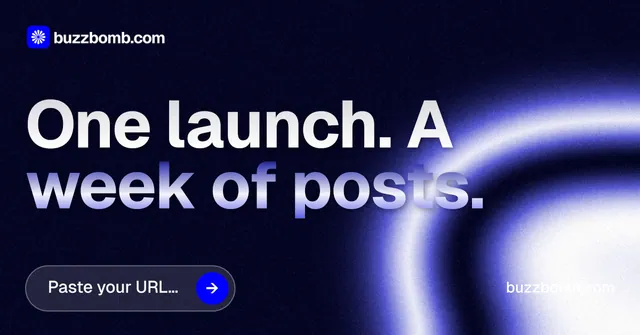 Social ad for BuzzBomb: "One launch. A week of posts." Agentic glass style, poster layout, dark palette in black, blue.
