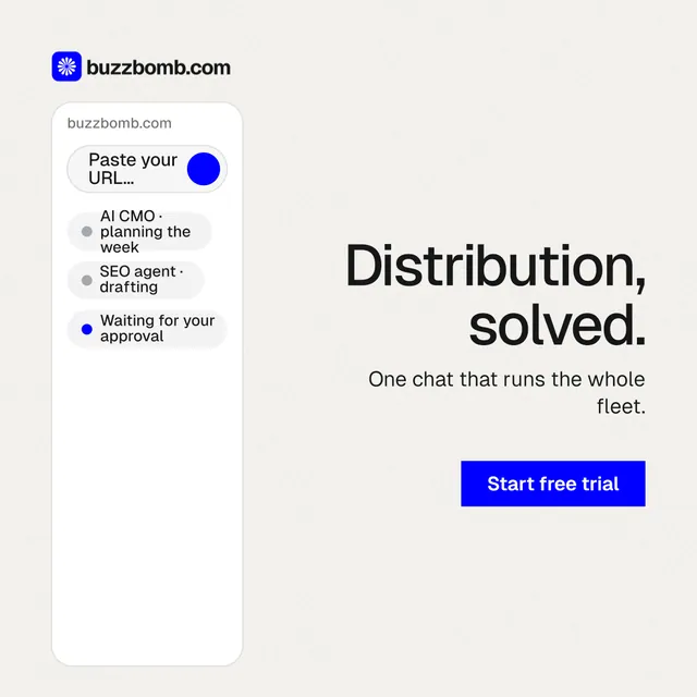 Instagram post for BuzzBomb: "Distribution, solved." Swiss style, right layout, light palette in white.
