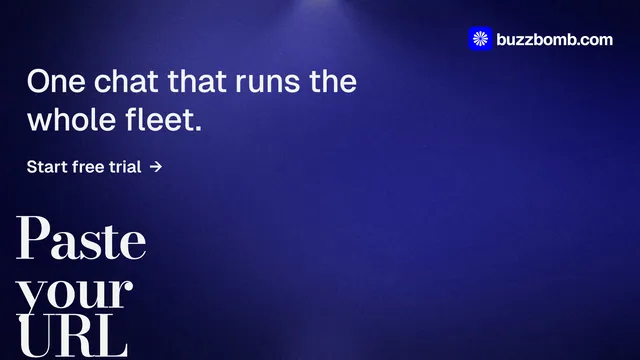 Landscape graphic for BuzzBomb: "Paste your URL." Minimal luxury style, oversized layout, dark palette in blue.