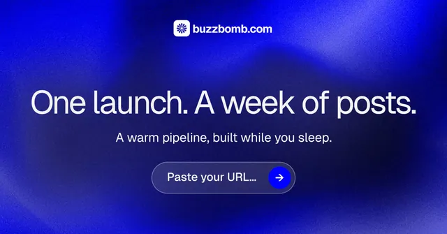 Social ad for BuzzBomb: "One launch. A week of posts." Agentic glass style, skeleton layout, dark palette in blue.