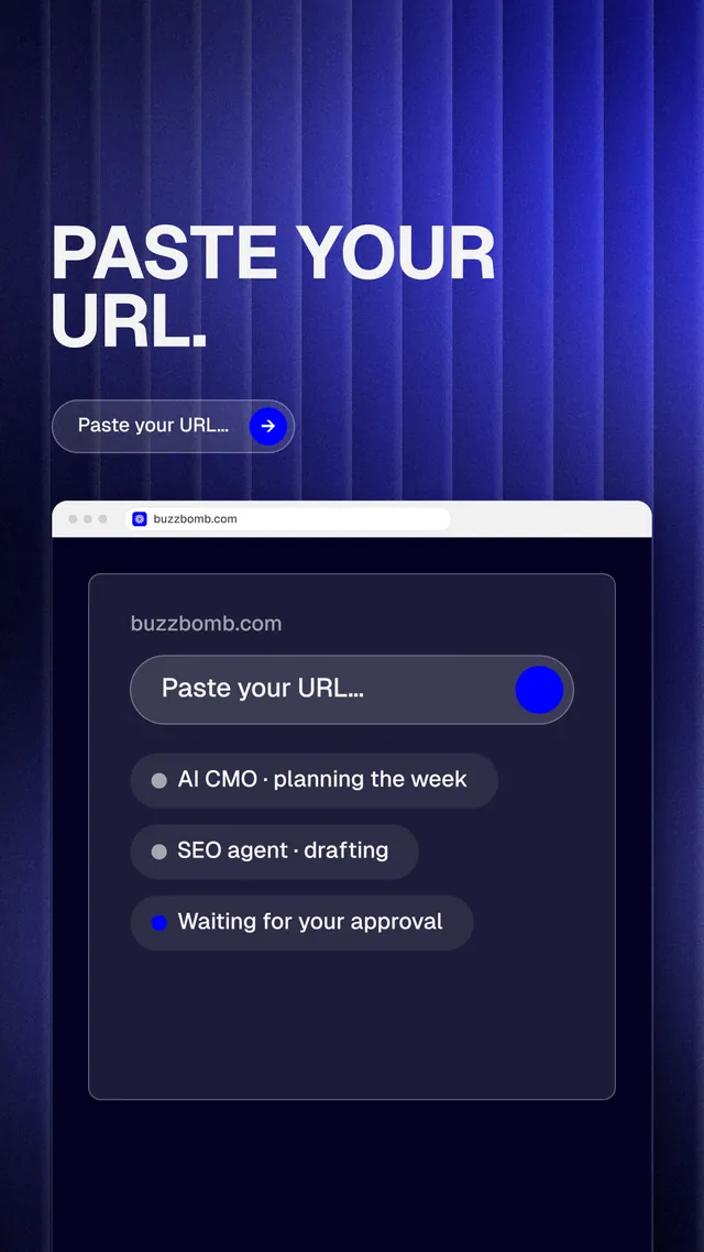 Instagram story for BuzzBomb: "Paste your URL." Agentic glass style, browser layout, dark palette in blue, black, grey.