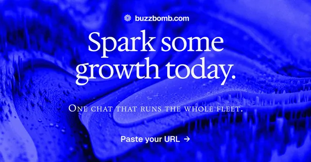Social ad for BuzzBomb: "Spark some growth today." Agentic glass style, smallcaps layout, dark palette in blue.