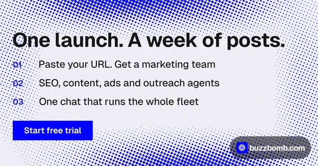 Social ad for BuzzBomb: "One launch. A week of posts." Split block style, numbered layout, light palette in blue, white.
