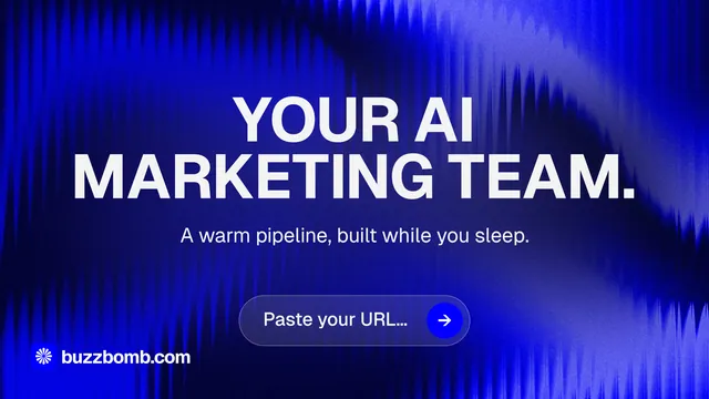 Landscape graphic for BuzzBomb: "Your AI marketing team." Agentic glass style, centred layout, dark palette in blue.
