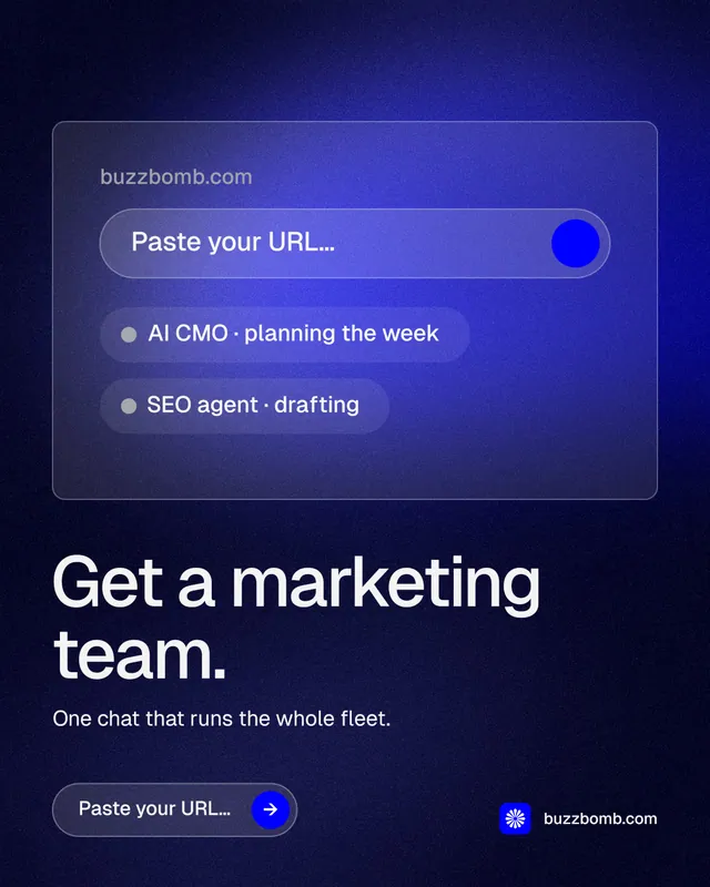 Instagram portrait post for BuzzBomb: "Get a marketing team." Agentic glass style, bottom layout, dark palette in black, blue.