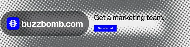 LinkedIn banner for BuzzBomb: "Get a marketing team." Swiss style, logo hero layout, light palette in grey.