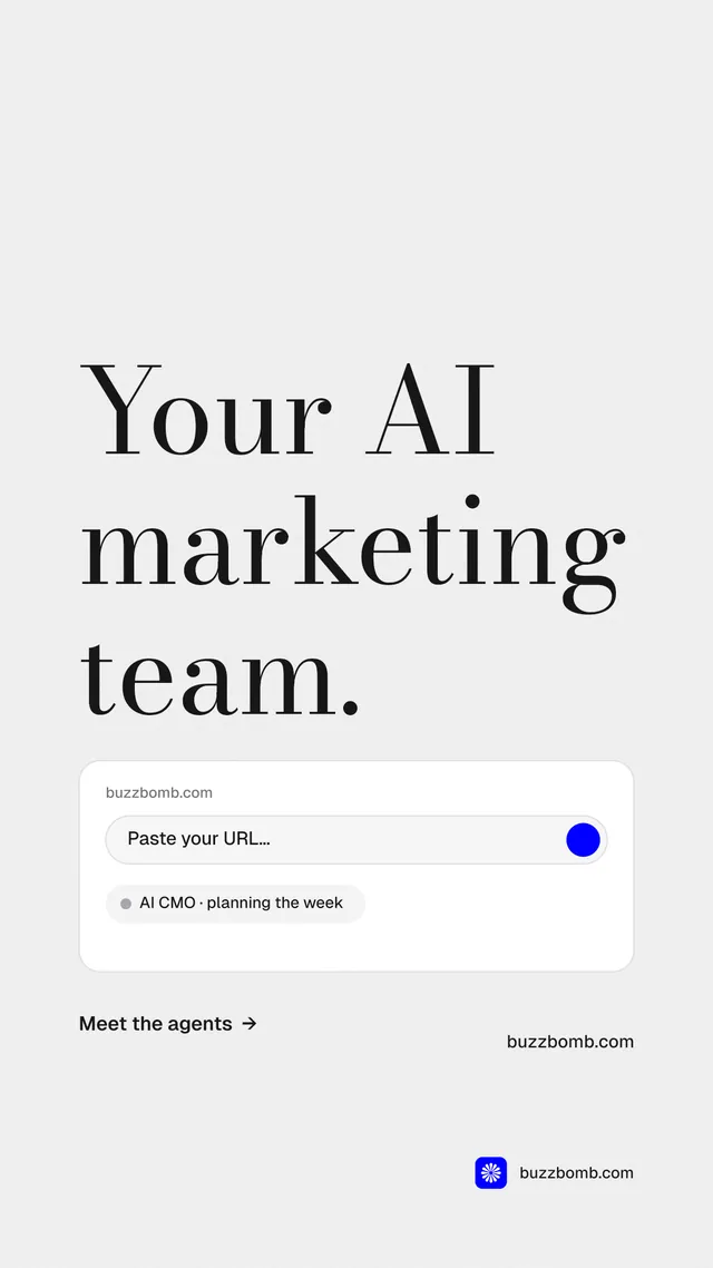 Instagram story for BuzzBomb: "Your AI marketing team." Minimal luxury style, poster layout, light palette in white.
