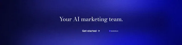 LinkedIn banner for BuzzBomb: "Your AI marketing team." Minimal luxury style, centred layout, dark palette in blue.