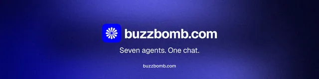 LinkedIn banner for BuzzBomb: "Seven agents. One chat." Swiss style, end card layout, dark palette in blue.