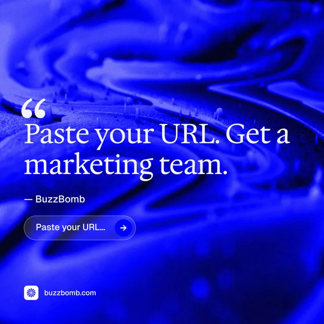 Instagram post for BuzzBomb: "Paste your URL." Agentic glass style, quote layout, dark palette in blue.