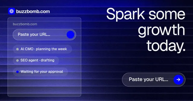 Social ad for BuzzBomb: "Spark some growth today." Agentic glass style, right layout, dark palette in black, blue.