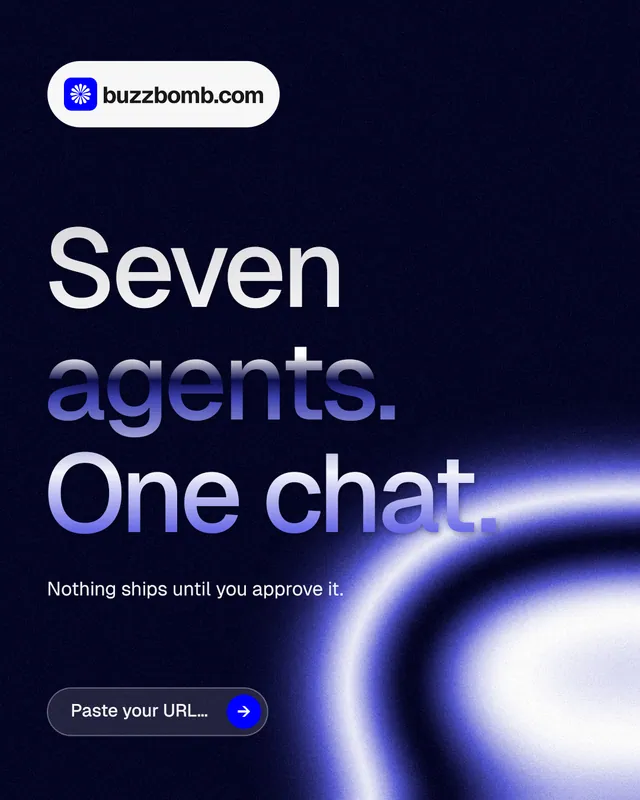 Instagram portrait post for BuzzBomb: "Seven agents. One chat." Agentic glass style, announce layout, dark palette in black, blue.