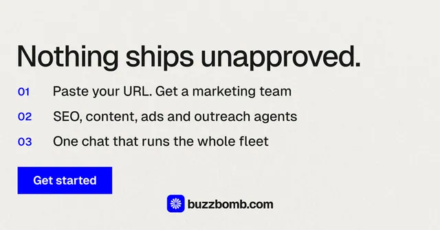 Social ad for BuzzBomb: "Nothing ships unapproved." Swiss style, numbered layout, light palette in white, grey.