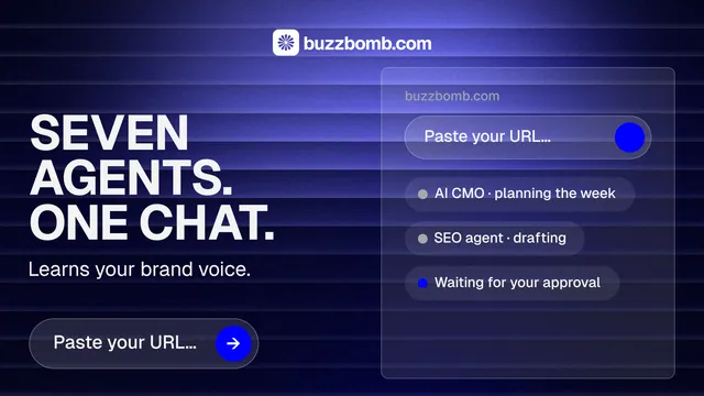 Landscape graphic for BuzzBomb: "Seven agents. One chat." Agentic glass style, bottom layout, dark palette in black, blue.