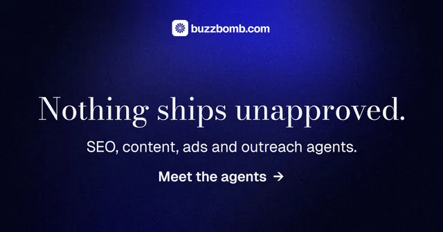 Social ad for BuzzBomb: "Nothing ships unapproved." Minimal luxury style, skeleton layout, dark palette in black, blue.