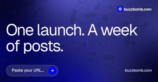 Social ad for BuzzBomb: "One launch. A week of posts." Agentic glass style, poster layout, dark palette in blue.