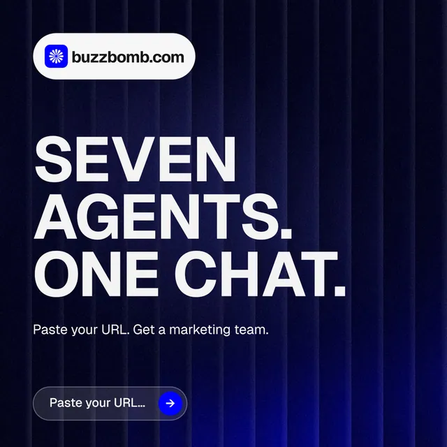 Instagram post for BuzzBomb: "Seven agents. One chat." Agentic glass style, announce layout, dark palette in blue, black, grey.