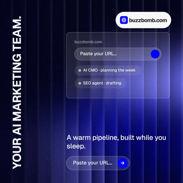 Instagram post for BuzzBomb: "Your AI marketing team." Agentic glass style, vertical layout, dark palette in black, blue.