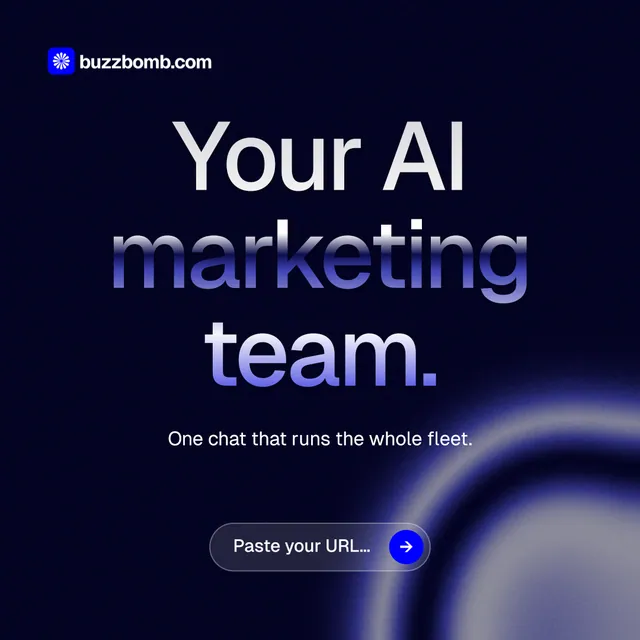 Instagram post for BuzzBomb: "Your AI marketing team." Agentic glass style, centred layout, dark palette in black, blue.