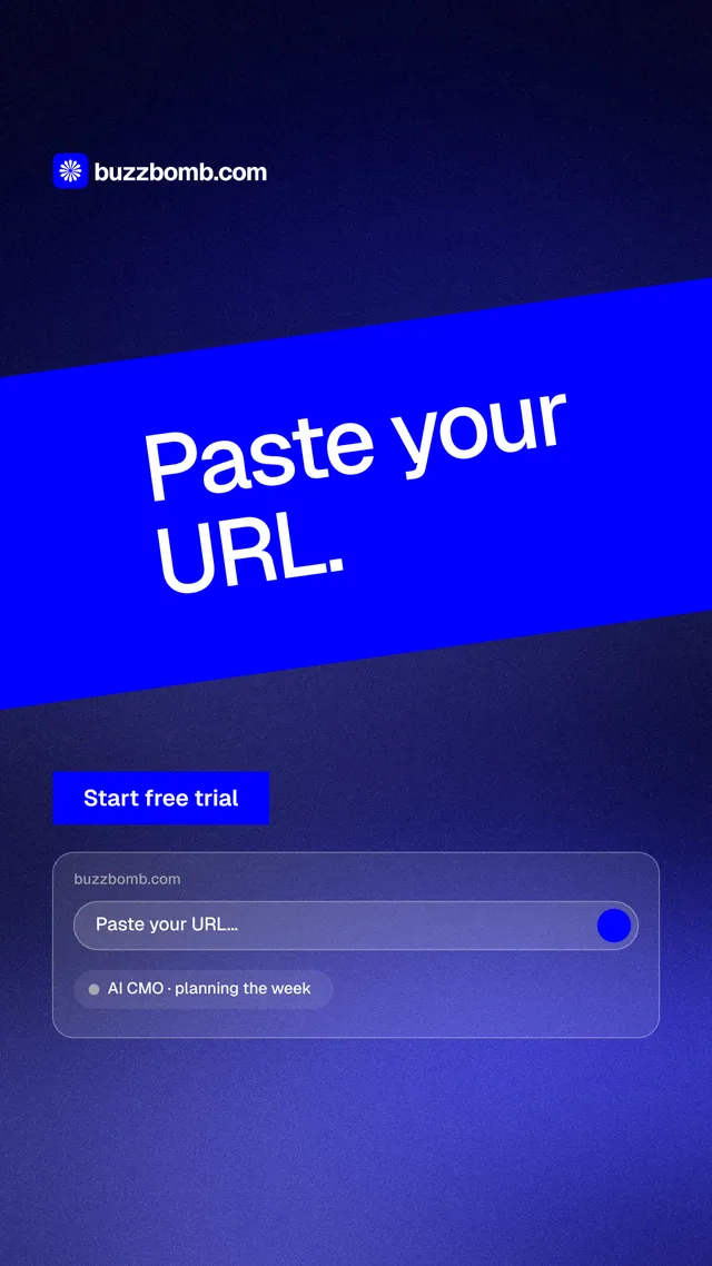 Instagram story for BuzzBomb: "Paste your URL." Swiss style, diagonal layout, dark palette in blue.