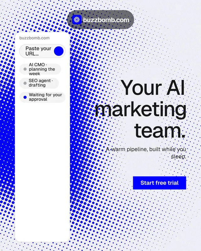 Instagram portrait post for BuzzBomb: "Your AI marketing team." Split block style, right layout, light palette in white, blue.