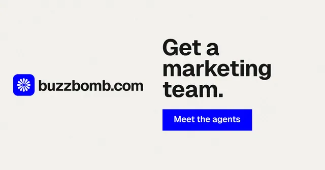 Social ad for BuzzBomb: "Get a marketing team." Swiss style, logo hero layout, light palette in white, blue.