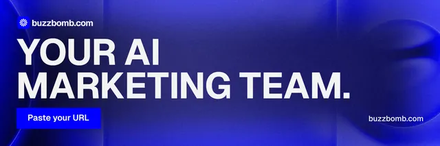 X header for BuzzBomb: "Your AI marketing team." Swiss style, poster layout, dark palette in blue, grey.