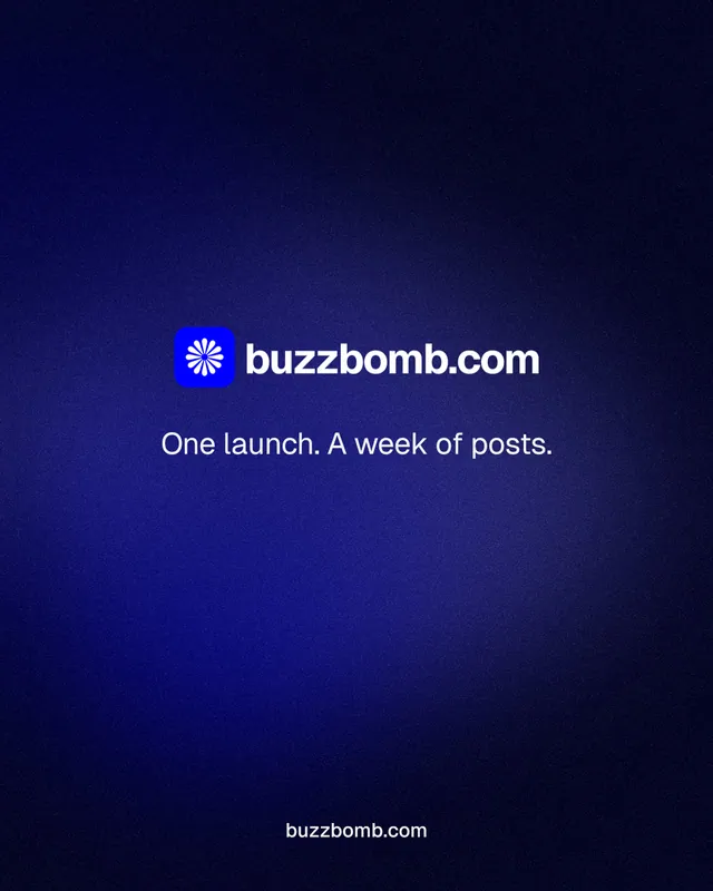 Instagram portrait post for BuzzBomb: "One launch. A week of posts." Swiss style, end card layout, dark palette in black, blue.