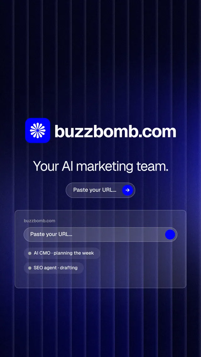 Instagram story for BuzzBomb: "Your AI marketing team." Agentic glass style, logo hero layout, dark palette in black, blue.