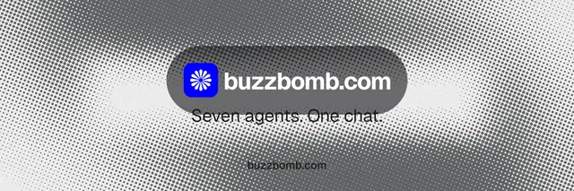 X header for BuzzBomb: "Seven agents. One chat." Swiss style, end card layout, light palette in grey, white.
