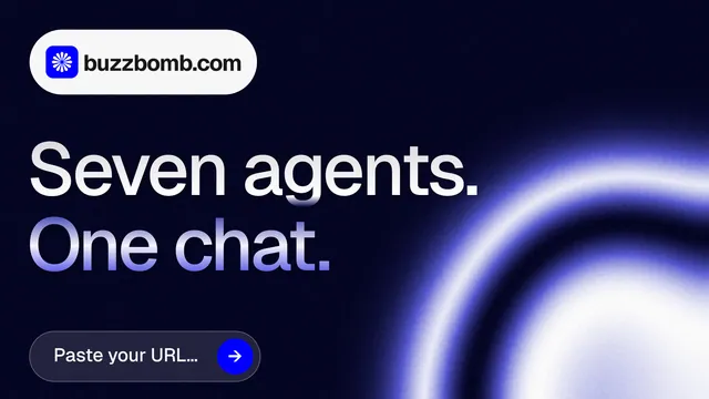 Landscape graphic for BuzzBomb: "Seven agents. One chat." Agentic glass style, announce layout, dark palette in black, blue.