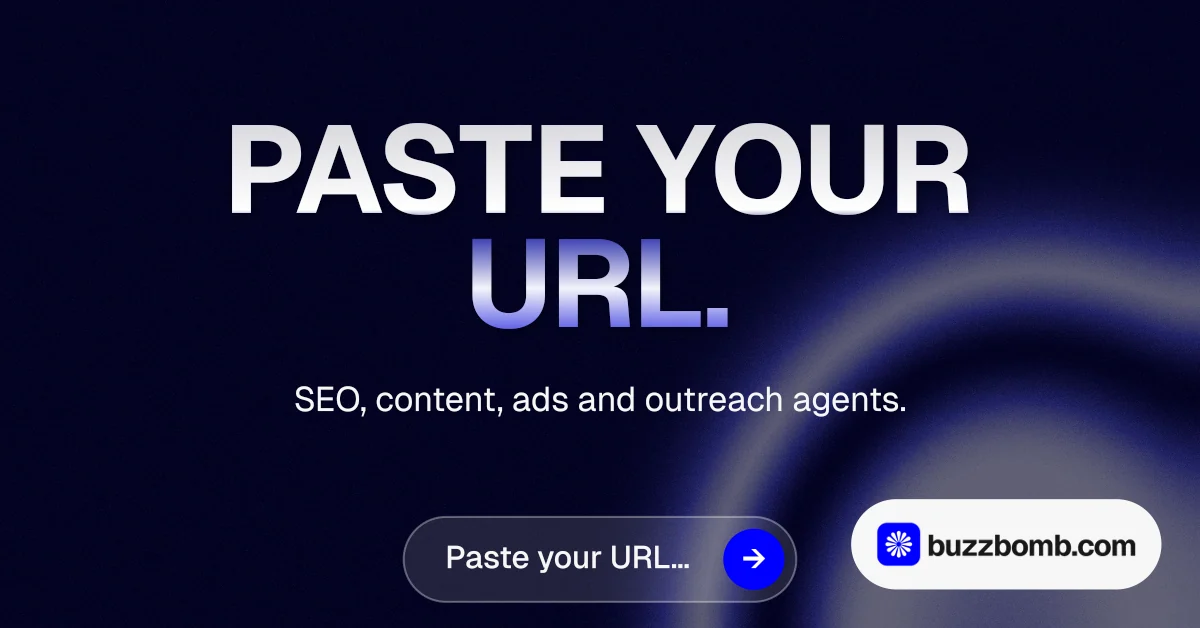 Social ad for BuzzBomb: "Paste your URL." Agentic glass style, centred layout, dark palette in black, blue, grey.