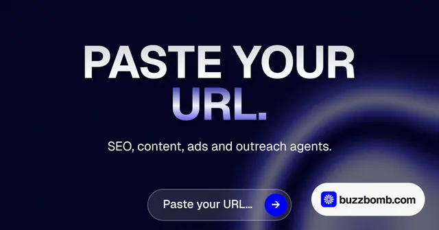 Social ad for BuzzBomb: "Paste your URL." Agentic glass style, centred layout, dark palette in black, blue, grey.
