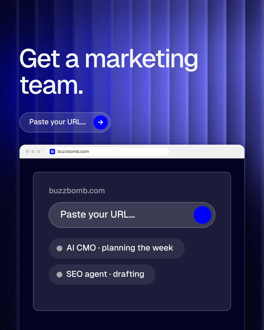 Instagram portrait post for BuzzBomb: "Get a marketing team." Agentic glass style, browser layout, dark palette in blue, black.