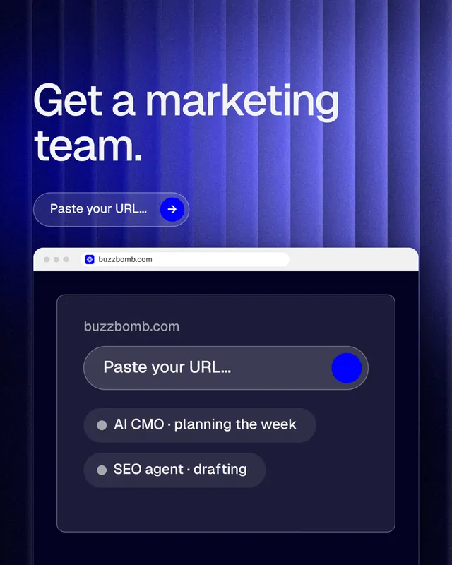 Instagram portrait post for BuzzBomb: "Get a marketing team." Agentic glass style, browser layout, dark palette in blue, black.
