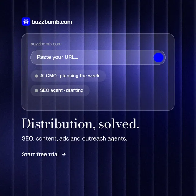 Instagram post for BuzzBomb: "Distribution, solved." Minimal luxury style, bottom layout, dark palette in black, blue.